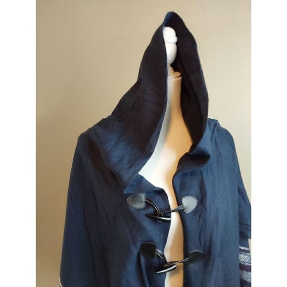 Poncho Wrap Hooded Navy One Size Fringe - Picture 3 of 7